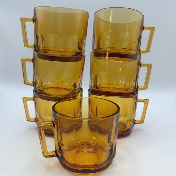 Arcoroc Other - Vintage Arcoroc France Amber Glass Mugs Set of 7 MCM Retro Coffee Cups Stackable